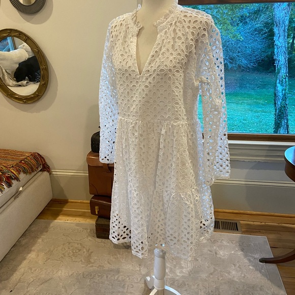 J.CREW  EYELET TIERED
EMBROIDERED POPOVER DRESS -
WHITE - Size Medium - Picture 3 of 9